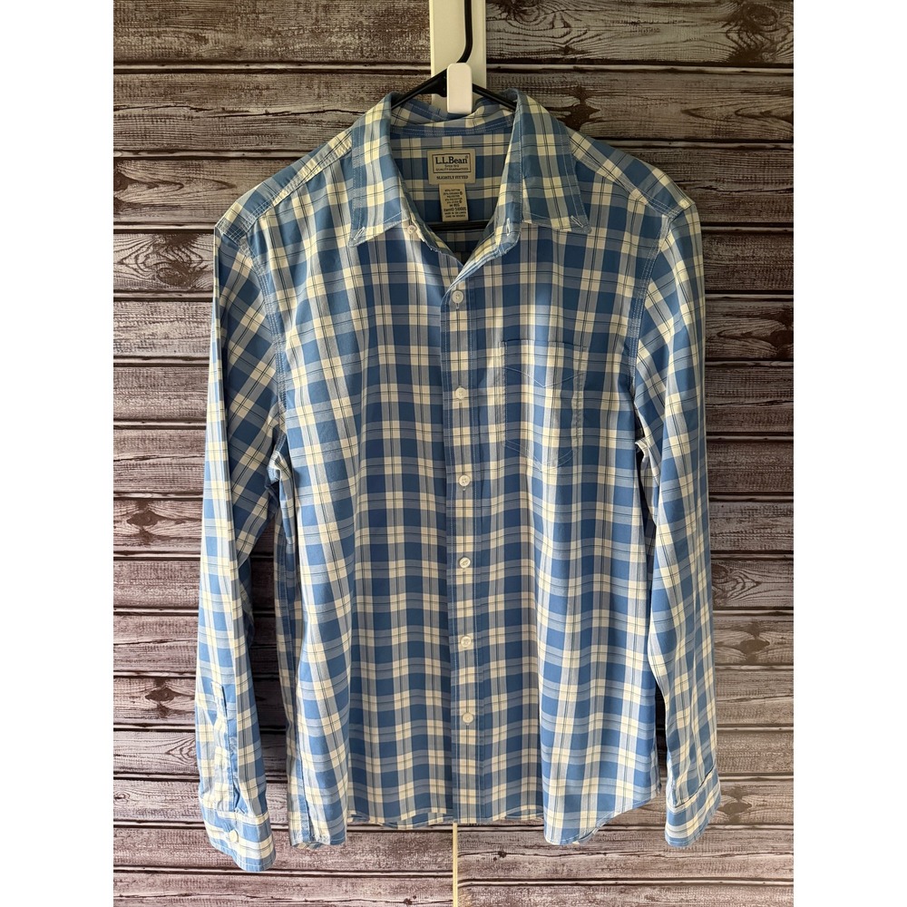 LL Bean Men's Long-Sleeved Button-Down Shirt Size M Slightly Fitted Blue Plaid